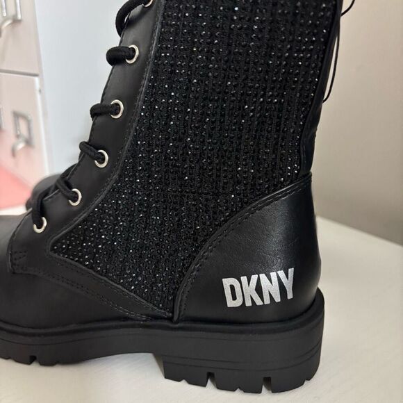 DKNY Black Faux Leather Crystal Side Zip Combat Boots Youth Girls Size 3 New - Picture 10 of 11